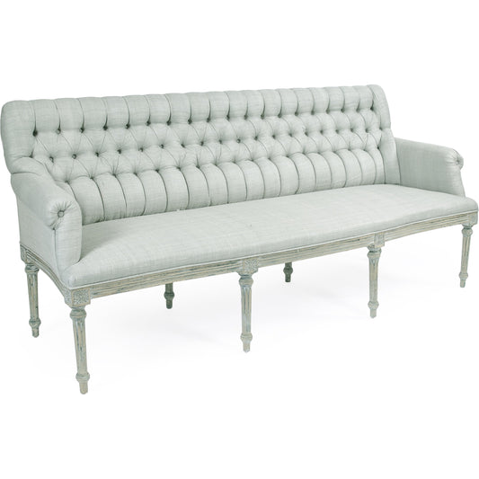 Wendy Bench by Zentique in seafoam green raw silk and birch. Made from birch in a traditional style.