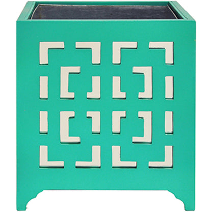 Libby Greek Key Planter by Worlds Away in turquoise and turquoise. Made from metal in a modern style.