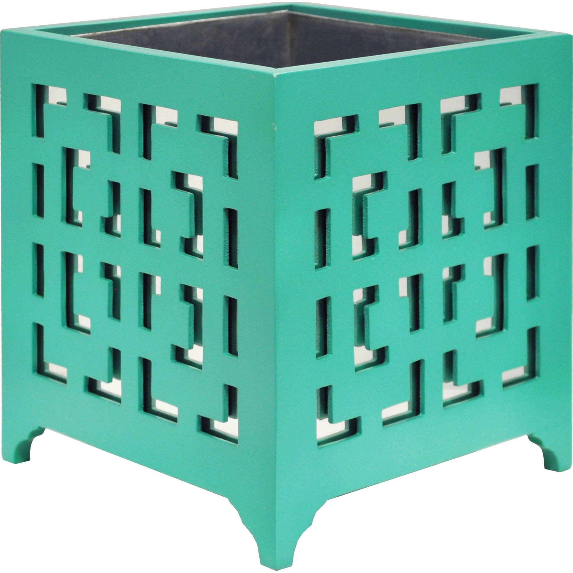 Libby Greek Key Planter by Worlds Away in turquoise and turquoise. Made from metal in a modern style.