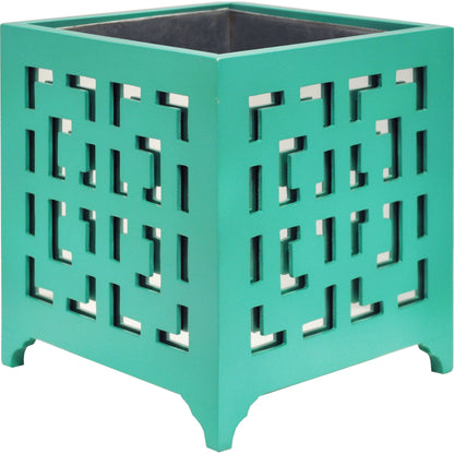 Libby Greek Key Planter by Worlds Away in turquoise and turquoise. Made from metal in a modern style.
