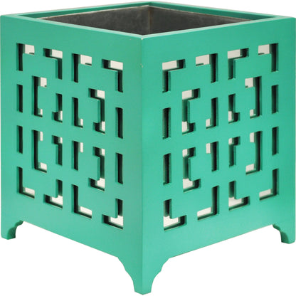 Libby Greek Key Planter by Worlds Away in turquoise and turquoise. Made from metal in a modern style.