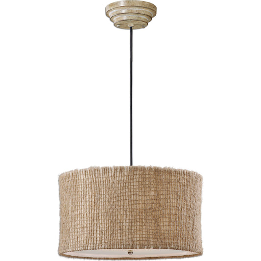 Burleson Drum Pendant by Uttermost. Made from iron 55% burlap 45% in a cottage & farmhouse style.