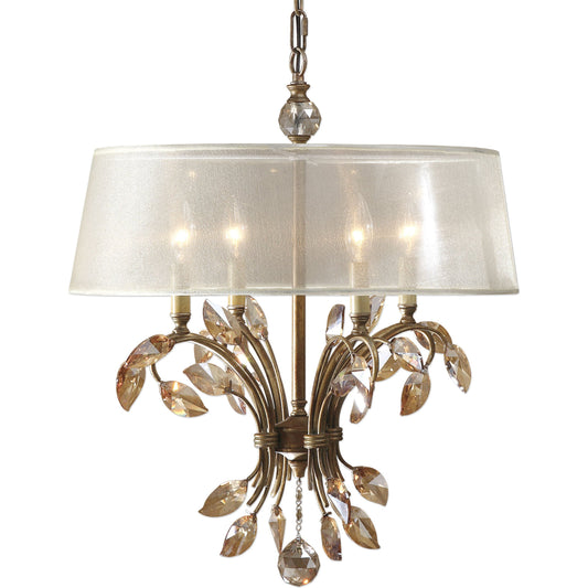 Alenya Chandelier by Uttermost in gold. Made from metal, crystal, fabric in a cottage & farmhouse style.