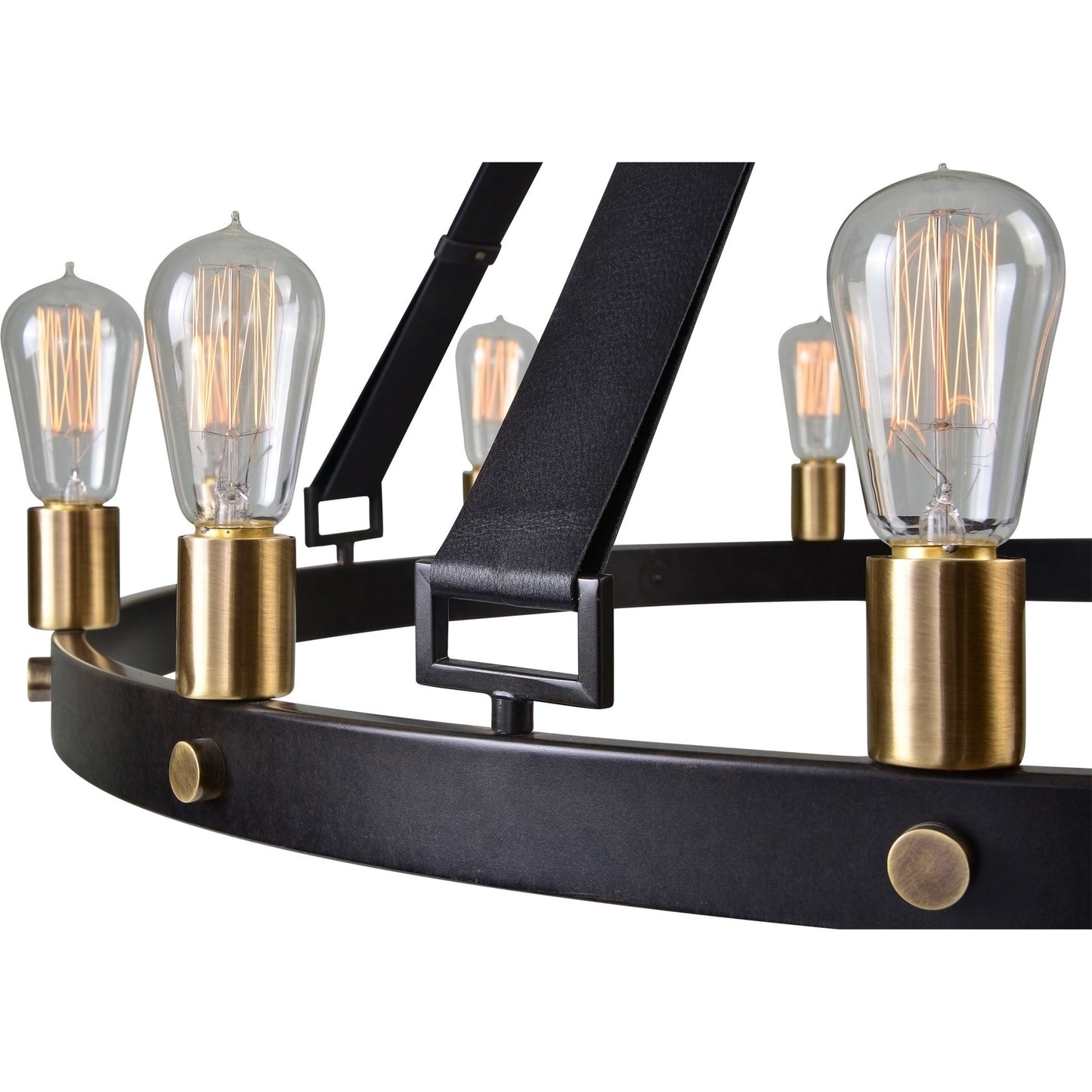 010 S-252644 | Closeup | Marlow Chandelier by Uttermost in bronze. Made from steel 87.5%, leather 12.5% in a cottage & farmhouse style.