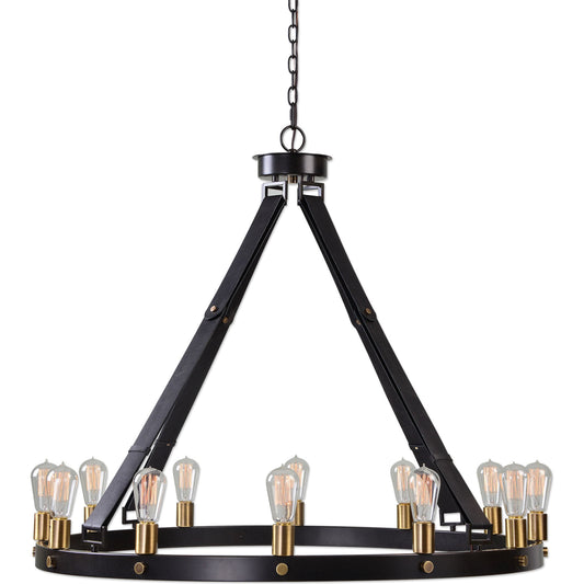 Marlow Chandelier by Uttermost in bronze. Made from steel 87.5%, leather 12.5% in a cottage & farmhouse style.