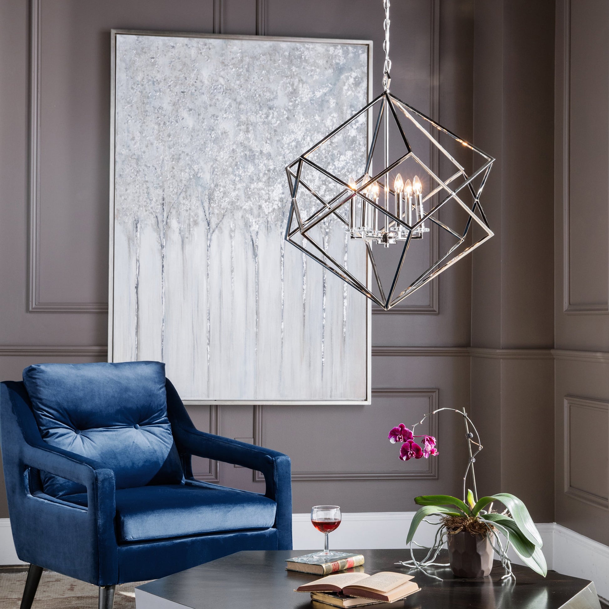 Euclid Cube Pendant by Uttermost in nickel. Made from steel, crystal in a modern style.
