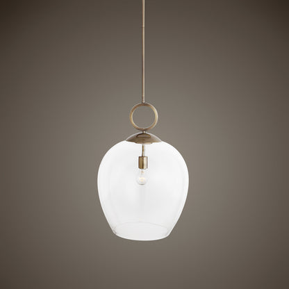 Calix Pendant by Uttermost in aged brass. Made from steel, glass in a transitional style.