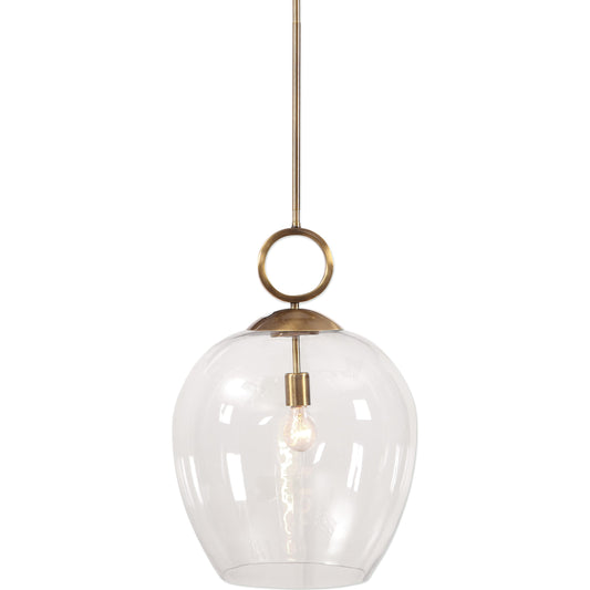 Calix Pendant by Uttermost in aged brass. Made from steel, glass in a transitional style.