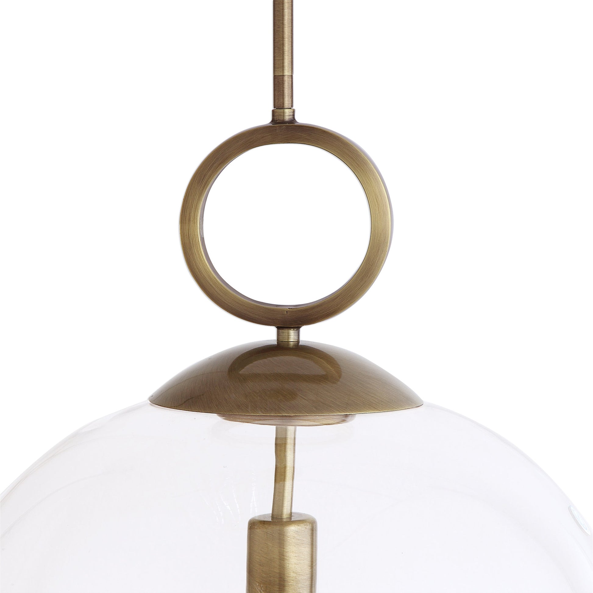 Calix Pendant by Uttermost in aged brass. Made from steel, glass in a transitional style.