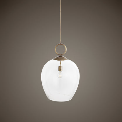 Calix Pendant by Uttermost in aged brass. Made from steel, glass in a transitional style.