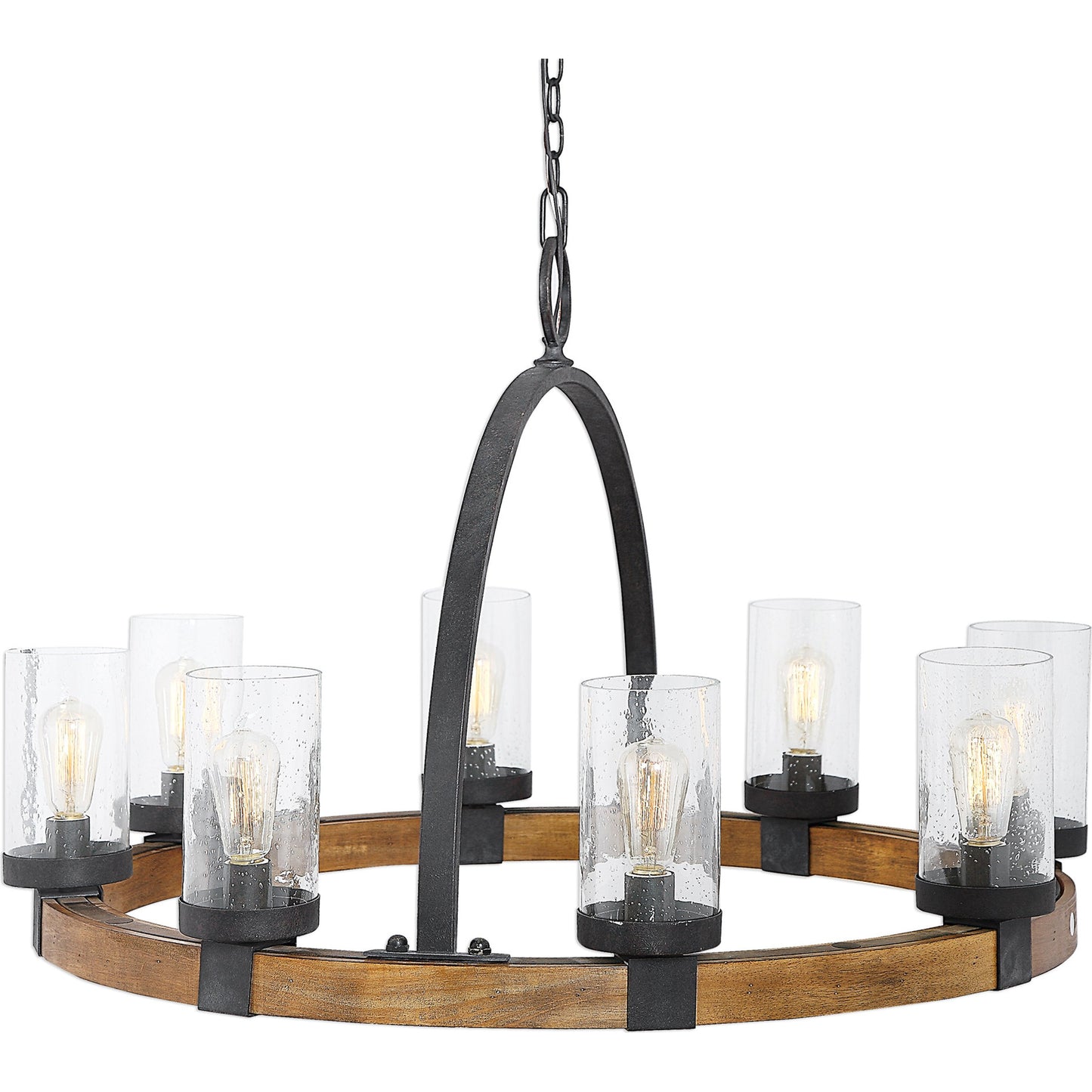 001 S-328924 | Primary Silo | Atwood Wagon Wheel Pendant by Uttermost. Made from steel, rubber wood, glass in a rustic style.