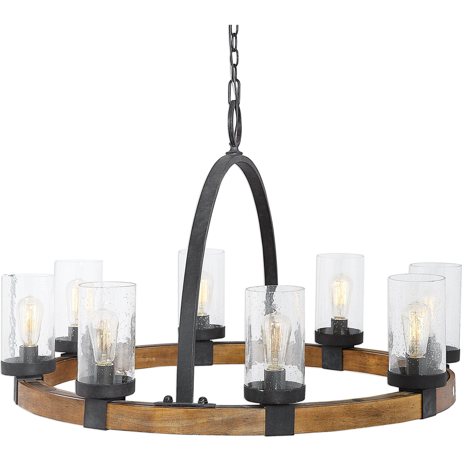 Atwood Wagon Wheel Pendant by Uttermost. Made from steel, rubber wood, glass in a rustic style.