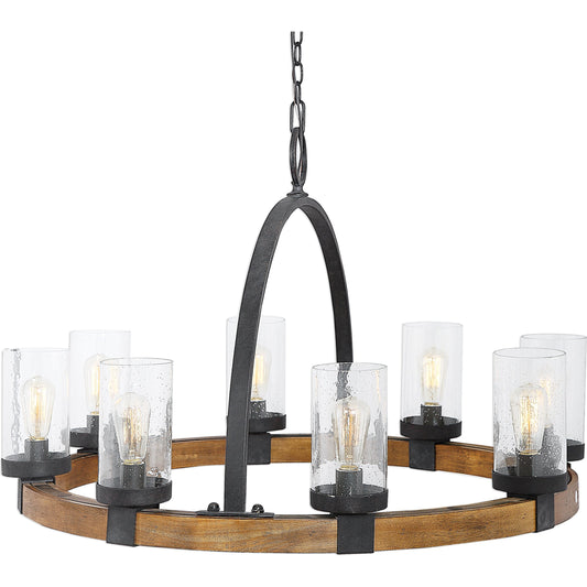 Atwood Wagon Wheel Pendant by Uttermost. Made from steel, rubber wood, glass in a rustic style.