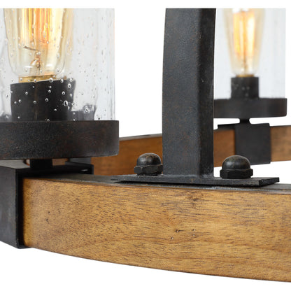 Atwood Wagon Wheel Pendant by Uttermost. Made from steel, rubber wood, glass in a rustic style.