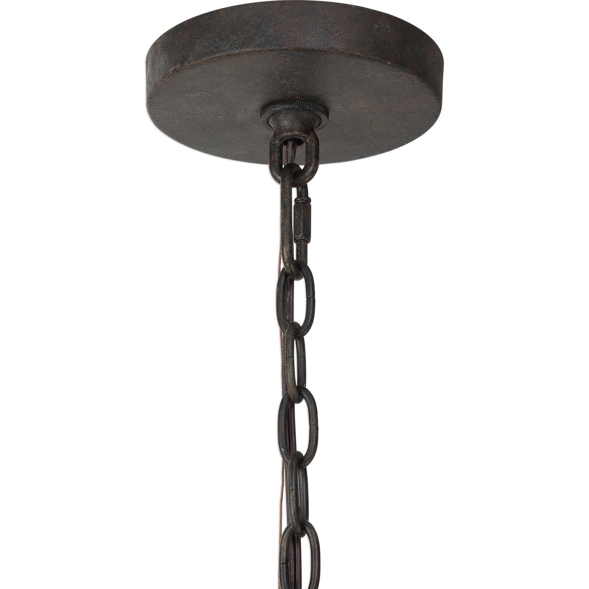 Atwood Wagon Wheel Pendant by Uttermost. Made from steel, rubber wood, glass in a rustic style.