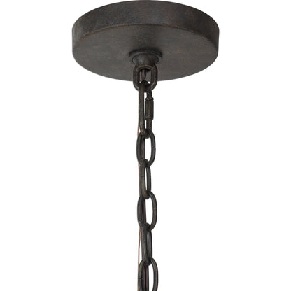 Atwood Wagon Wheel Pendant by Uttermost. Made from steel, rubber wood, glass in a rustic style.