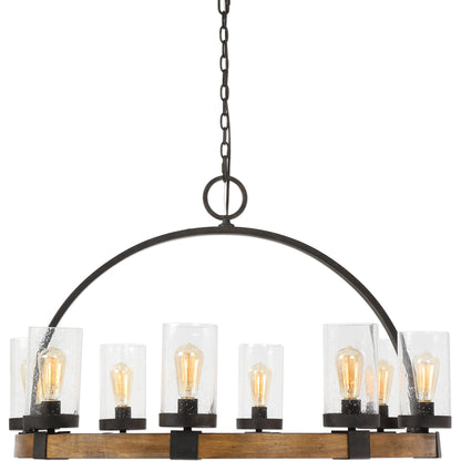 Atwood Wagon Wheel Pendant by Uttermost. Made from steel, rubber wood, glass in a rustic style.