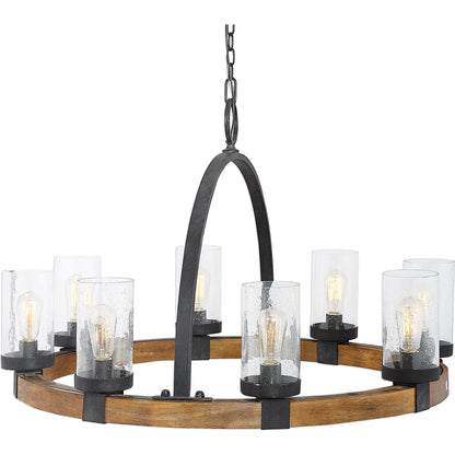 Atwood Wagon Wheel Pendant by Uttermost. Made from steel, rubber wood, glass in a rustic style.