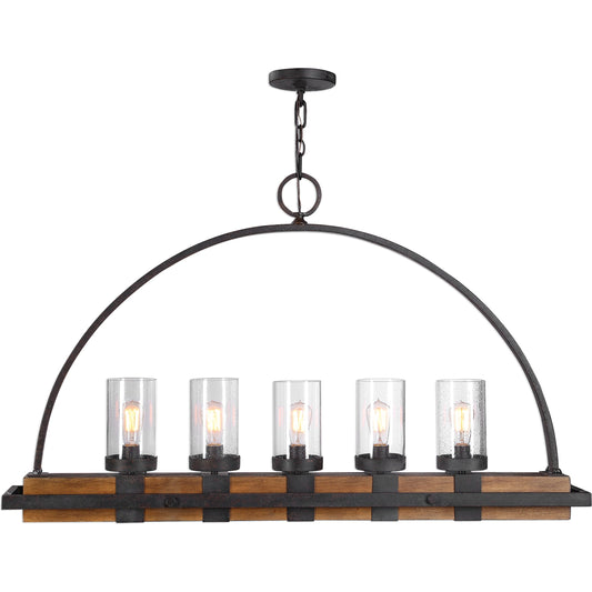 Atwood Linear Chandelier by Uttermost. Made from rubber wood, glass, steel in a modern style.