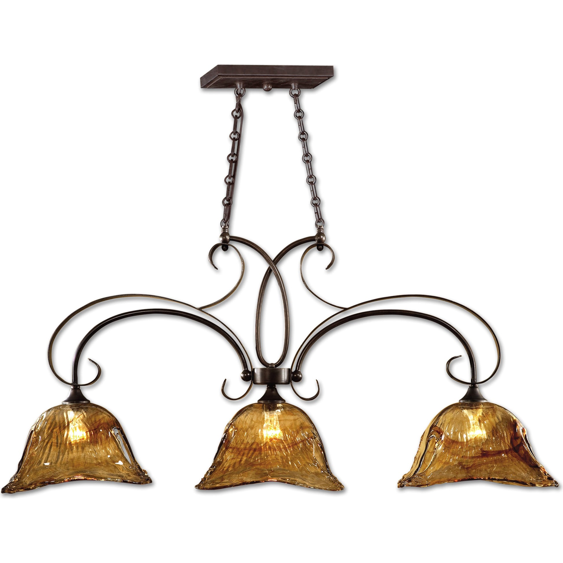 Vetraio Kitchen Island Light by Uttermost in bronze. Made from brass, metal, glass in a rustic style.