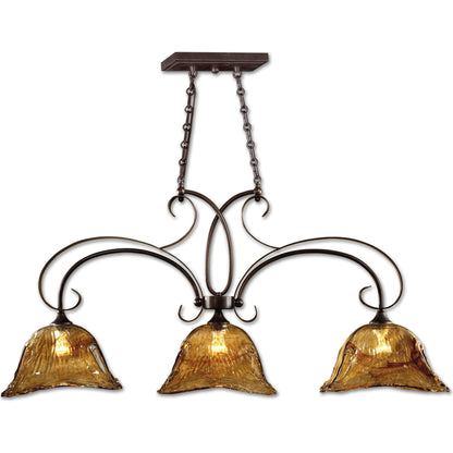 Vetraio Kitchen Island Light by Uttermost in bronze. Made from brass, metal, glass in a rustic style.