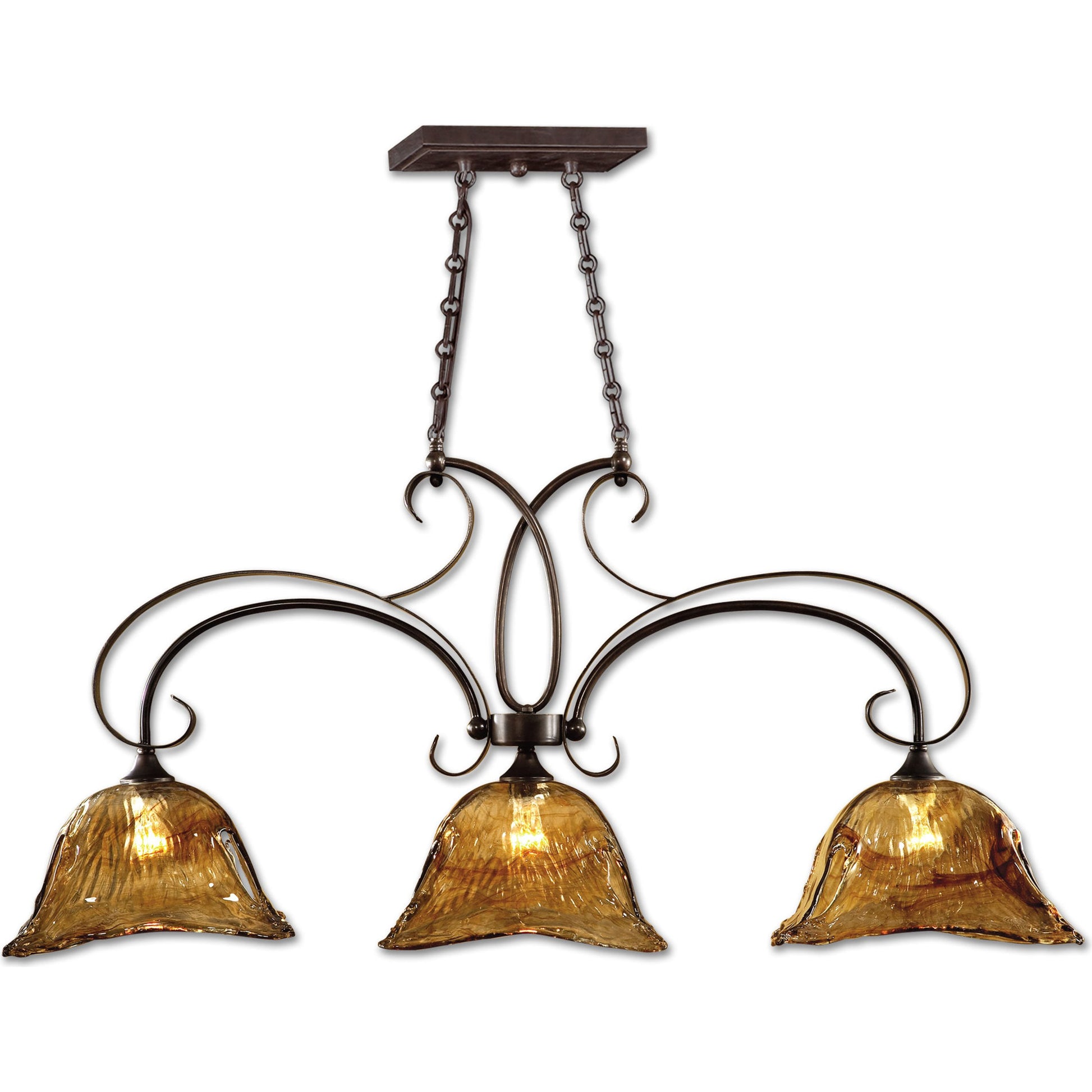 Vetraio Kitchen Island Light by Uttermost in bronze. Made from brass, metal, glass in a rustic style.