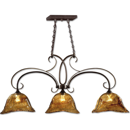Vetraio Kitchen Island Light by Uttermost in bronze. Made from brass, metal, glass in a rustic style.