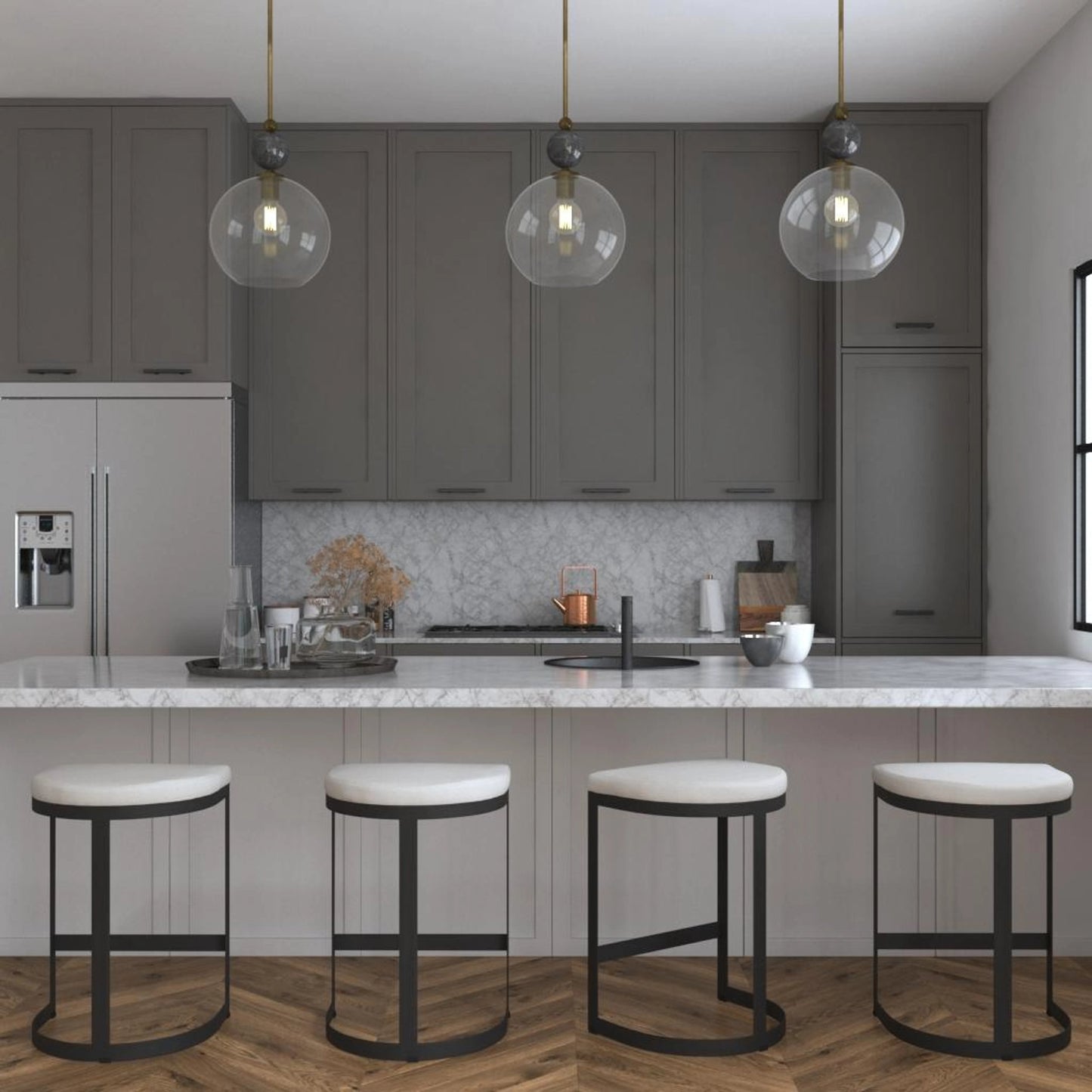 005 SR-766681 | Lifestyle | Mendota Pendant by Uttermost. Made from glass, iron, marble in a transitional style.