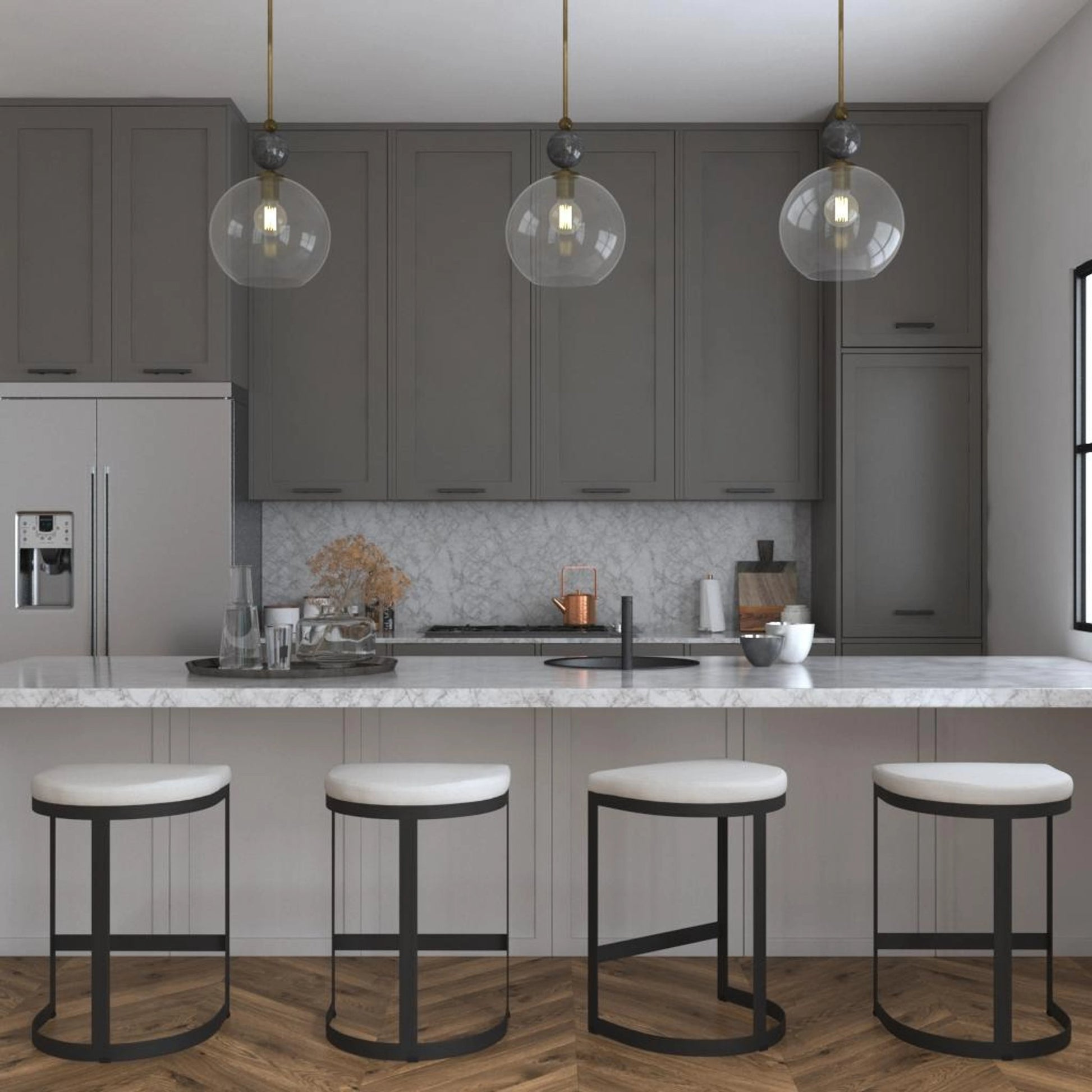 Mendota Pendant by Uttermost. Made from glass, iron, marble in a transitional style.