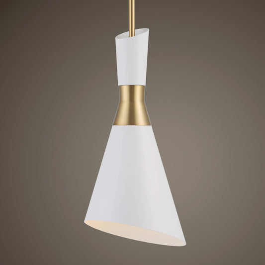 Eames 1 Light Mini Pendant by Uttermost in white, antique brass. Made from steel, aluminum in a modern style.