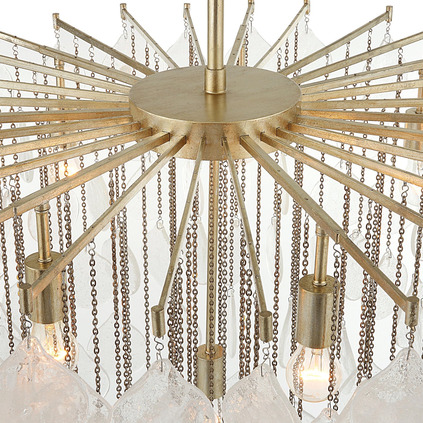 006 SI-1981276 | Closeup | Goccia 8 Light Pendant by Uttermost in antique silver leaf. Made from steel, glass in a modern style.