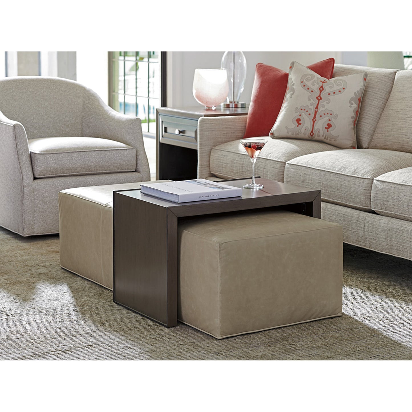 002 SR-835656 | Lifestyle | Savona Cocktail Ottoman with Slide by Lexington in taupe. Made from unique in a modern style.