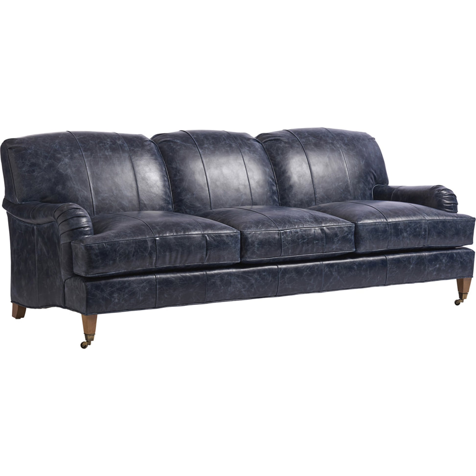 Sydney Leather Sofa with Brass Caster by Barclay Butera in blue and leather. Made from unique in a transitional style.