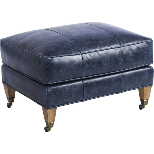 Sydney Leather Ottoman with Brass Caster by Lexington in blue and leather. Made from unique in a transitional style.