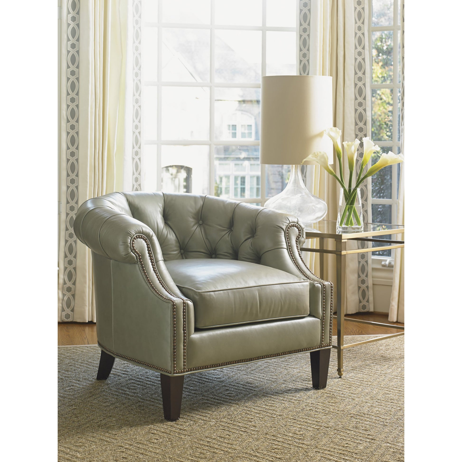 Kendrick Leather Chair by Lexington in sage gray. Made from unique in a transitional style.