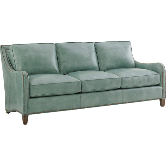 Koko Leather Sofa by Tommy Bahama Home in sea mist. Made from sea mist in a transitional style.