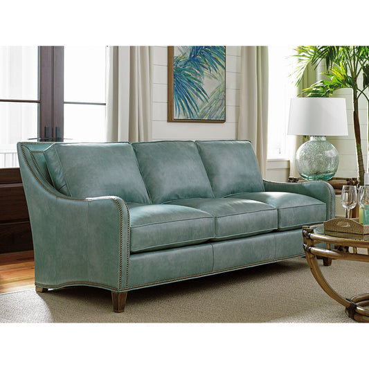 Koko Leather Sofa by Tommy Bahama Home in sea mist. Made from sea mist in a transitional style.