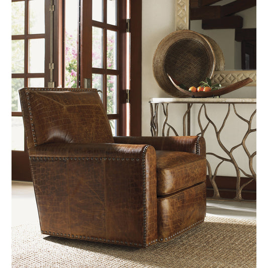 Stirling Park Leather Swivel Chair by Tommy Bahama Home in brown. Made from unique in a rustic style.