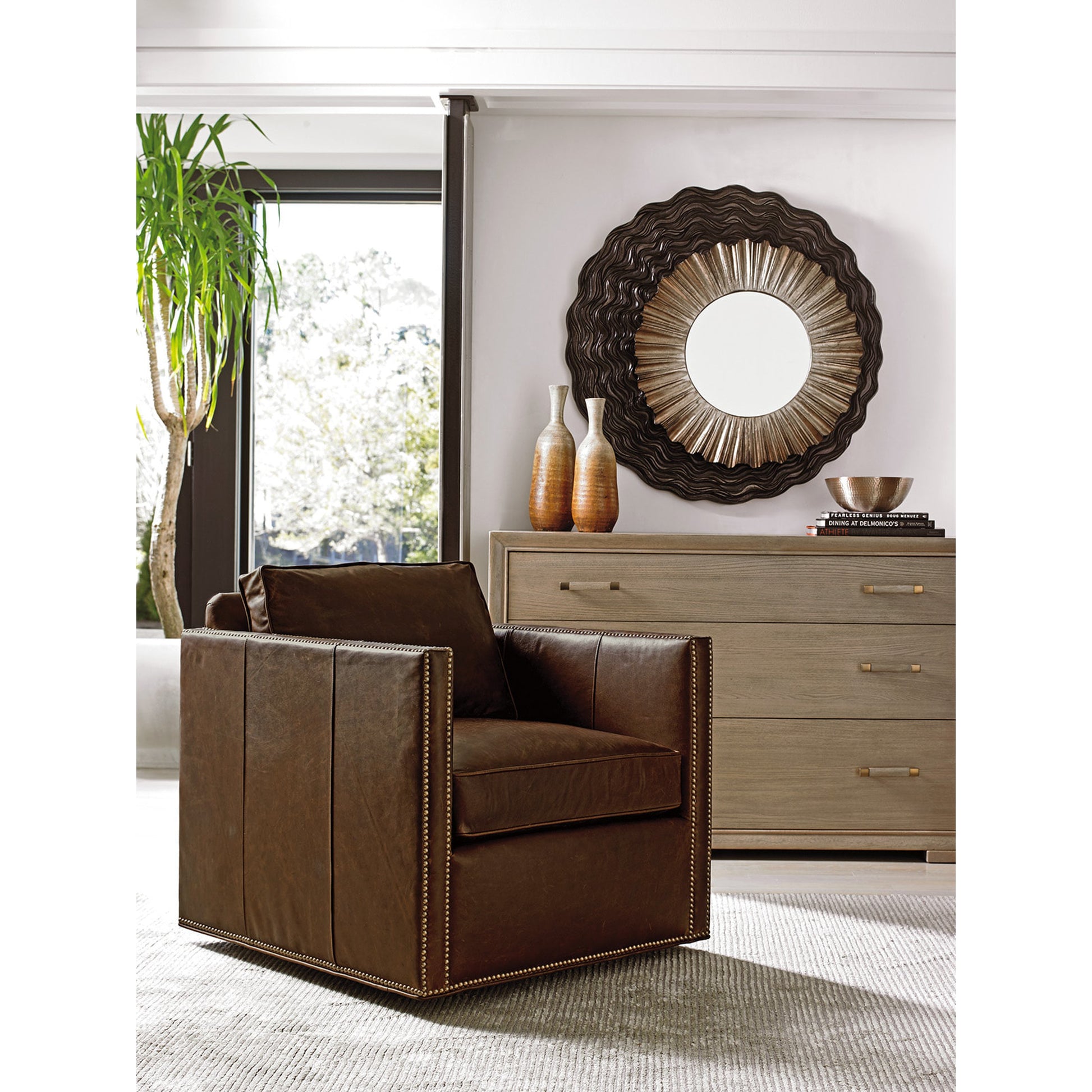 Simone Mirror by Lexington in dark walnut, burnished silver. Made from unique in a eclectic & global style.