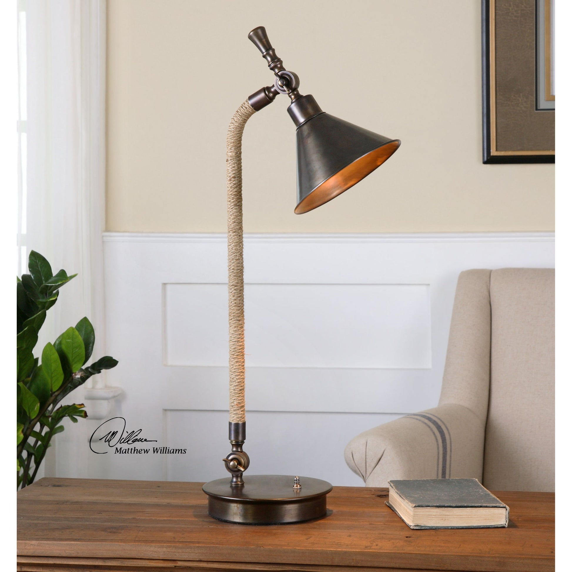 Duvall Task Lamp by Uttermost. Made from metal, fabric in a modern style.