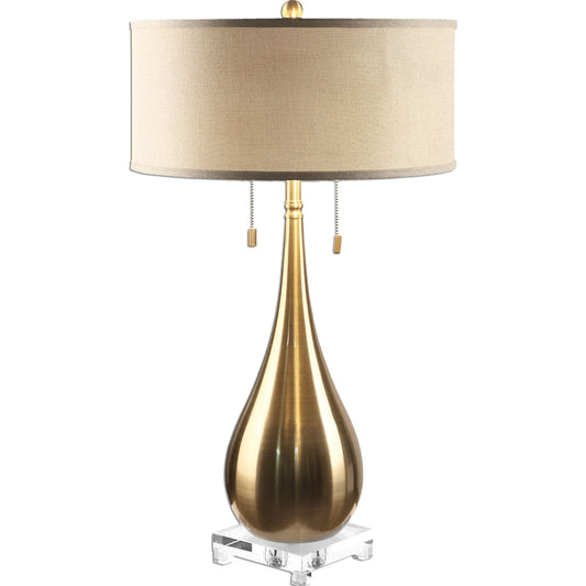 Lagrima Brushed Brass Lamp by Uttermost. Made from metal, crystal, fabric in a modern style.