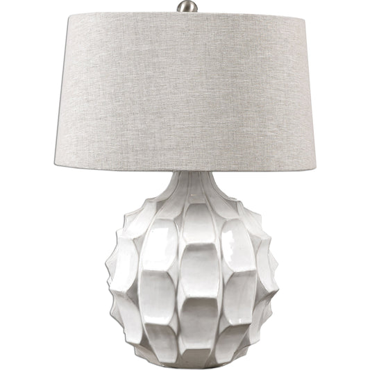 Guerina Scalloped Lamp by Uttermost in white. Made from ceramic, fabric, metal in a modern style.
