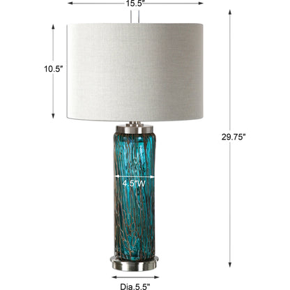 Almanzora Lamp by Uttermost in blue. Made from glass, metal, fabric in a modern style.