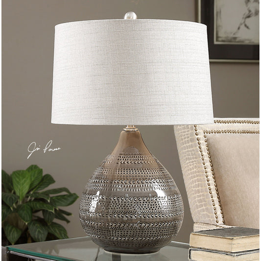 Batova Lamp by Uttermost in gray. Made from ceramic, metal, fabric in a modern style.