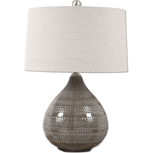 Batova Lamp by Uttermost in gray. Made from ceramic, metal, fabric in a modern style.