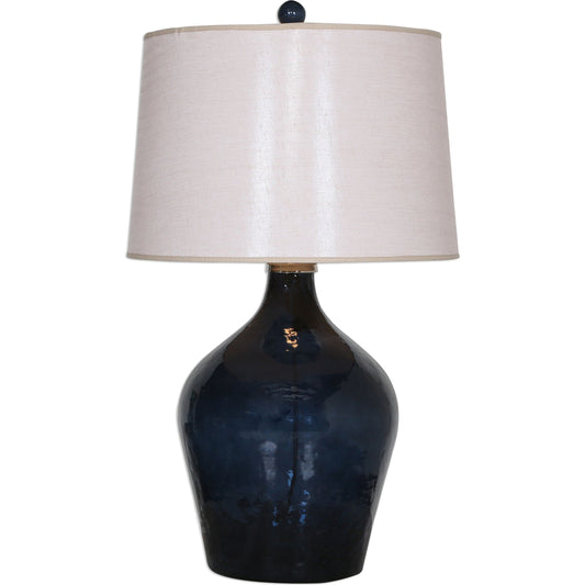 Lamone Lamp by Uttermost in blue. Made from 85% glass, 5% aluminum, 10% linen in a modern style.