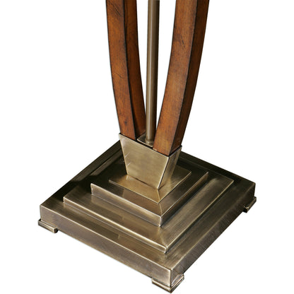 Boydton Burnished Wood Floor Lamp by Uttermost. Made from iron, linen, rubber wood in a modern style.