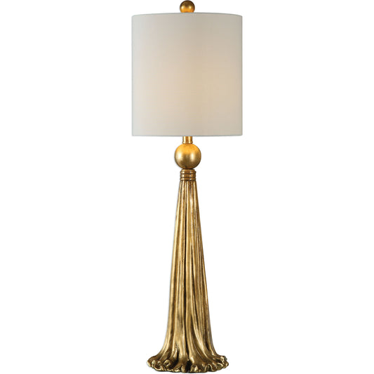 Paravani Lamp by Uttermost in gold. Made from resin, steel, fabric in a modern style.