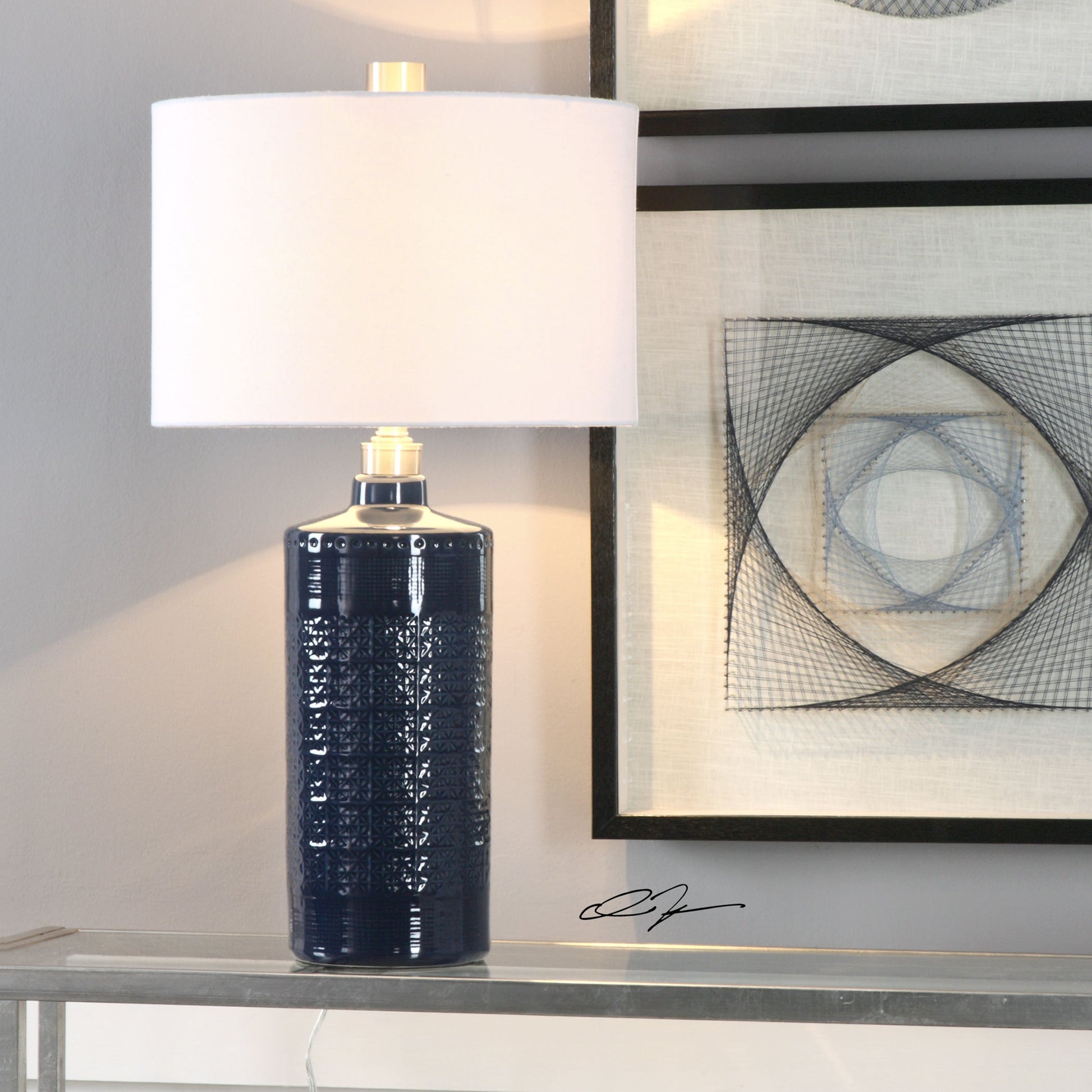 Thalia Royal Table Lamp by Uttermost in blue. Made from metal, ceramic, fabric in a modern style.