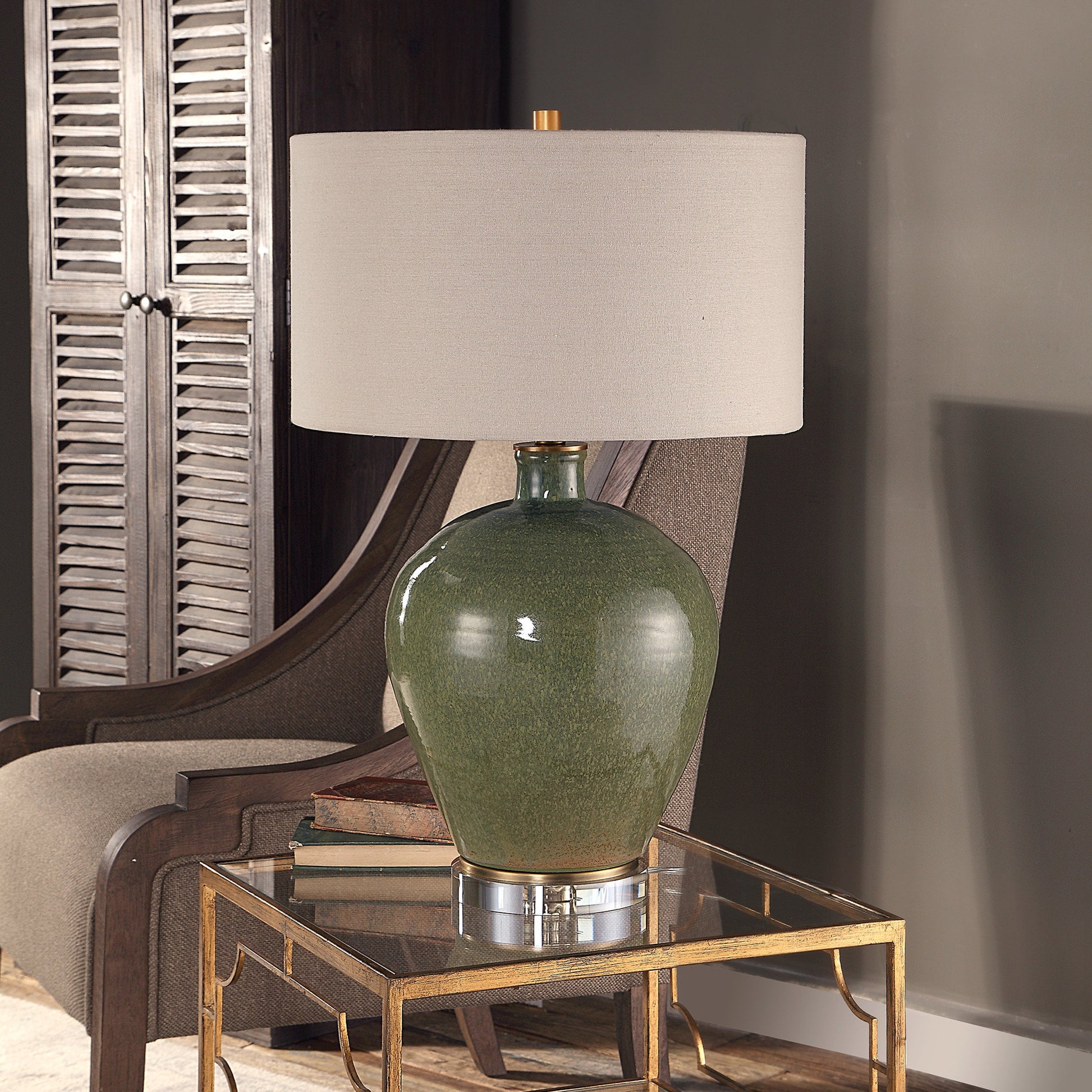 Elva Emerald Table Lamp by Uttermost. Made from steel, ceramic, crystal in a modern style.